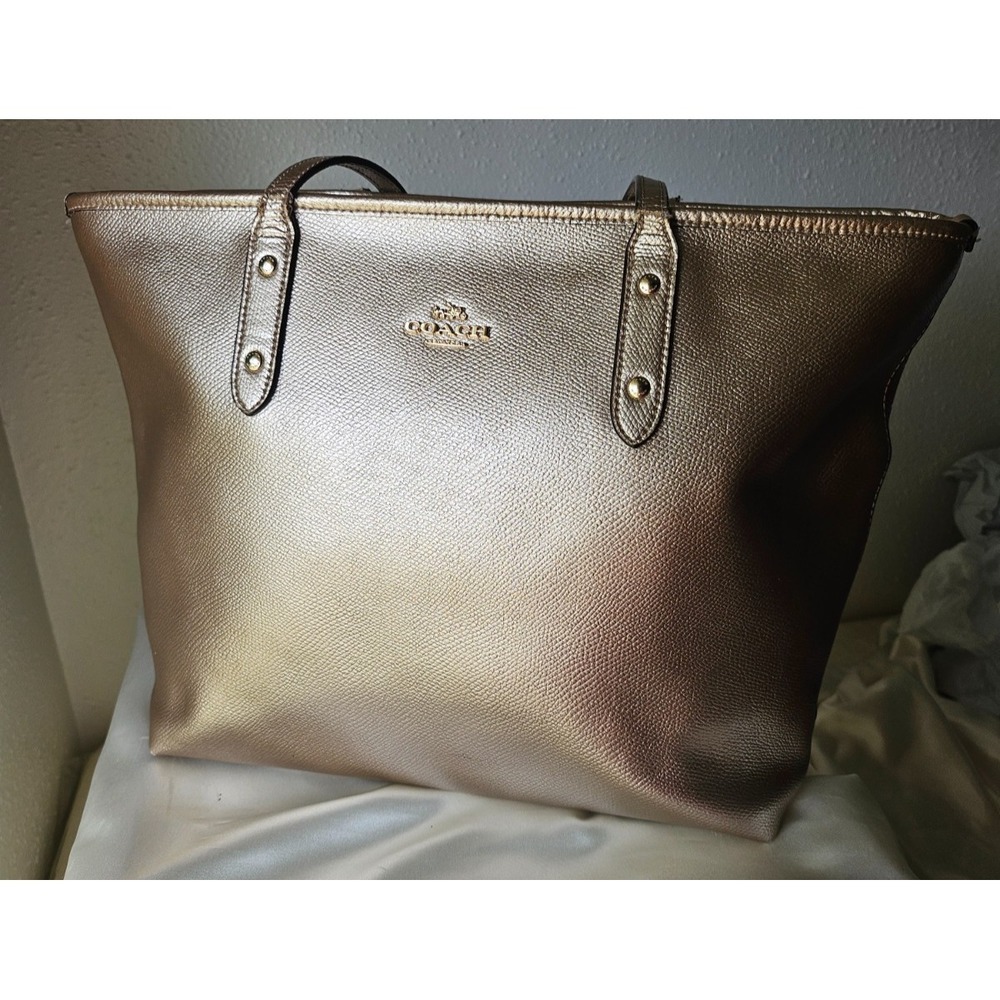 Coach Gold Metallic Zip City Tote Pebble Leather